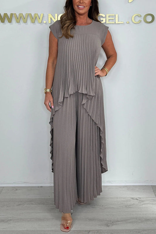 ⏳Limited time 50% OFF⏳🔥Laney Pleated Short Sleeve Irregular Midi Top and Elastic Waist Wide Leg Pants Set✨