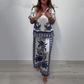 Women’s Elegant Printed V-Neck Tops ＆ Pants 2-Piece Set